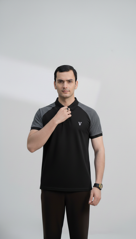Black Polo Shirt with Grey Shoulder Panel