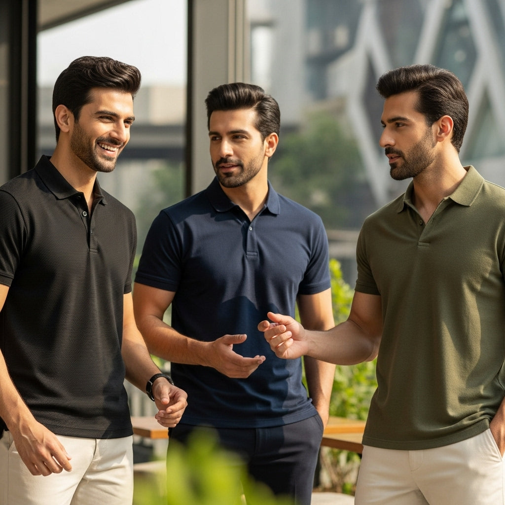 Men wearing V-neck polo shirts in Pakistan showing different fabrics, colors, and casual styles”