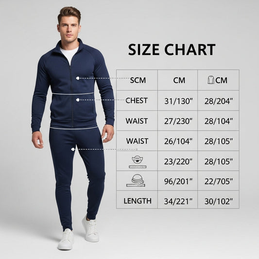 “Men’s tracksuit size chart in cm and inches showing chest, waist, and length measurements”