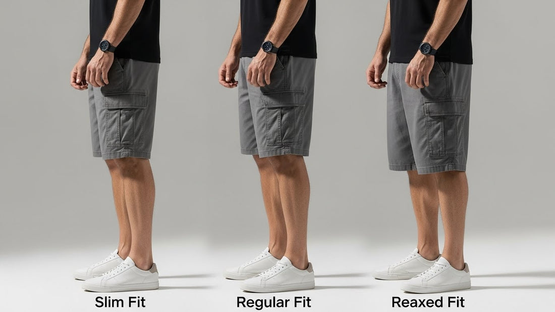 “Men’s cargo shorts showing different fits: slim, regular, and relaxed for everyday wear.”