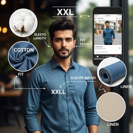 A male model wearing a neatly styled XXL shirt in an urban