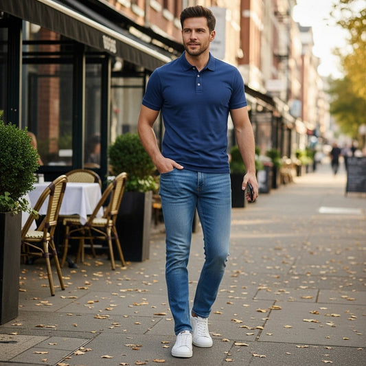 Man wearing a navy polo shirt styled casually with jeans and sneakers