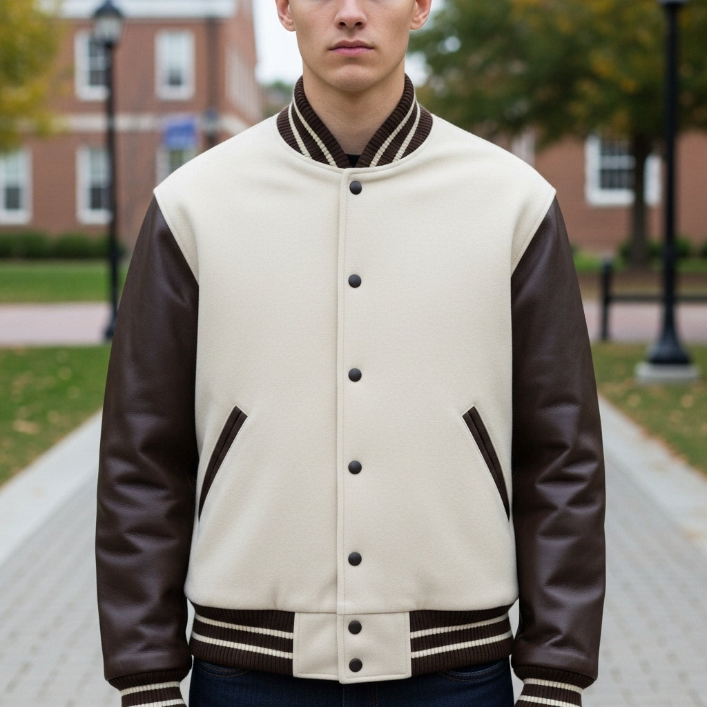 “Varsity jacket buying guide showing wool body, leather sleeves, ribbed cuffs, and classic fit details.”