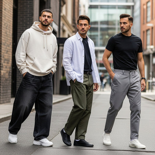 Men wearing baggy trousers in 2026 showing different fits, fabrics, and modern street-style looks”