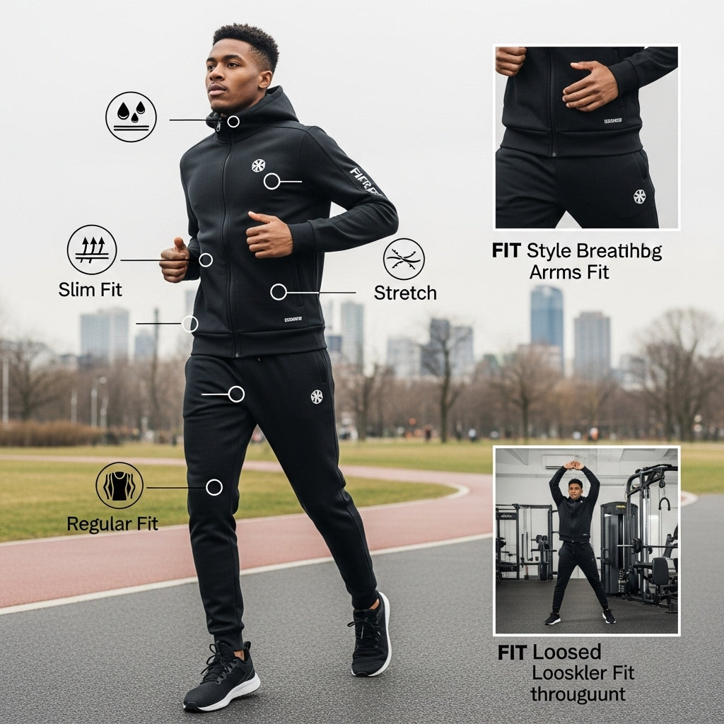 Man wearing branded tracksuit in motion, showing fit and fabric type for buying guide