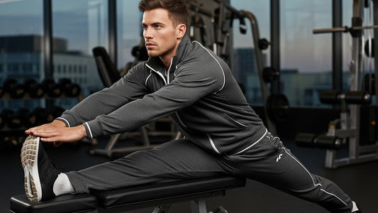 sporty man stretching before gym in a breathable cotton blend tracksuit.