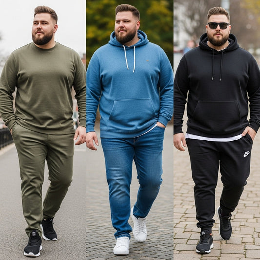 “Men wearing XXXL size pants in different styles and fabrics showing best fits and styling tips for plus-size men”