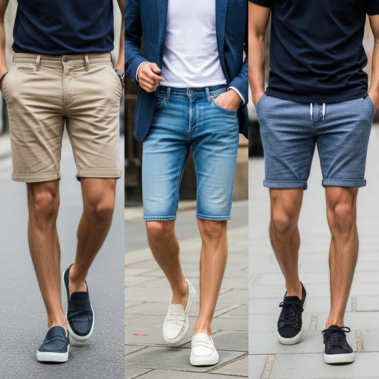 Men wearing different styles and lengths of short trousers showing best fits and fabrics for casual and sporty looks