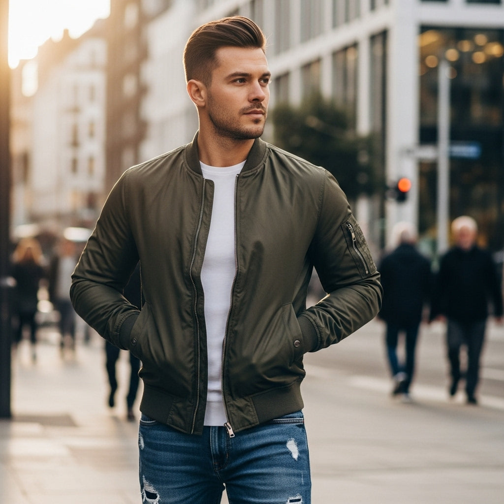 Man wearing a perfectly fitted bomber jacket in an urban setting.