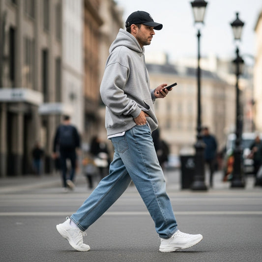 Man walking on city street wearing light-wash baggy jeans, hoodie, and sneakers, showcasing relaxed fit and comfort.