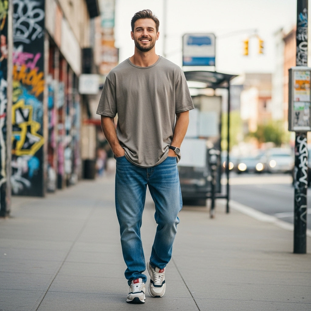 man wearing baggy t shirt styled casually for everyday streetwear