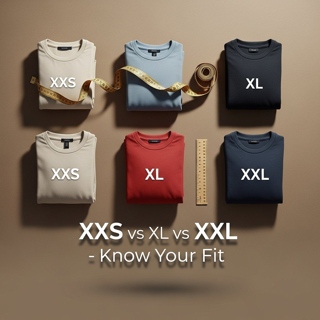 Flat lay of a measuring tape, folded clothes in different sizes, and a small ruler.