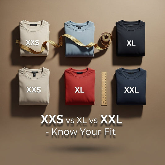 Flat lay of a measuring tape, folded clothes in different sizes, and a small ruler.