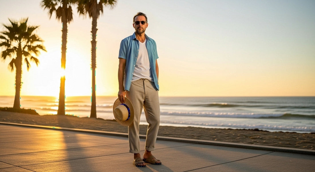 “Man wearing off white linen trousers and a beige linen shirt walking on a coastal pathway during golden hour.”