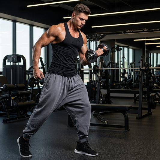 Male fitness model in baggy jogger-style sweatpants, tight-fitted gym tank, and sports shoes, holding a dumbbell in a modern gym.