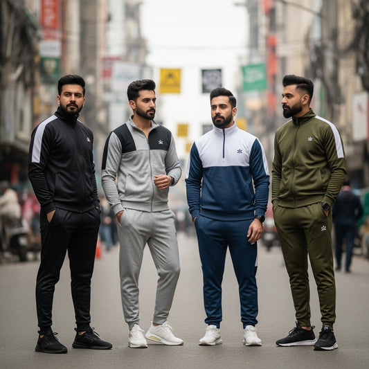 “Different styles of tracksuits in Pakistan showing cotton, polyester, and athleisure designs with price range comparison”