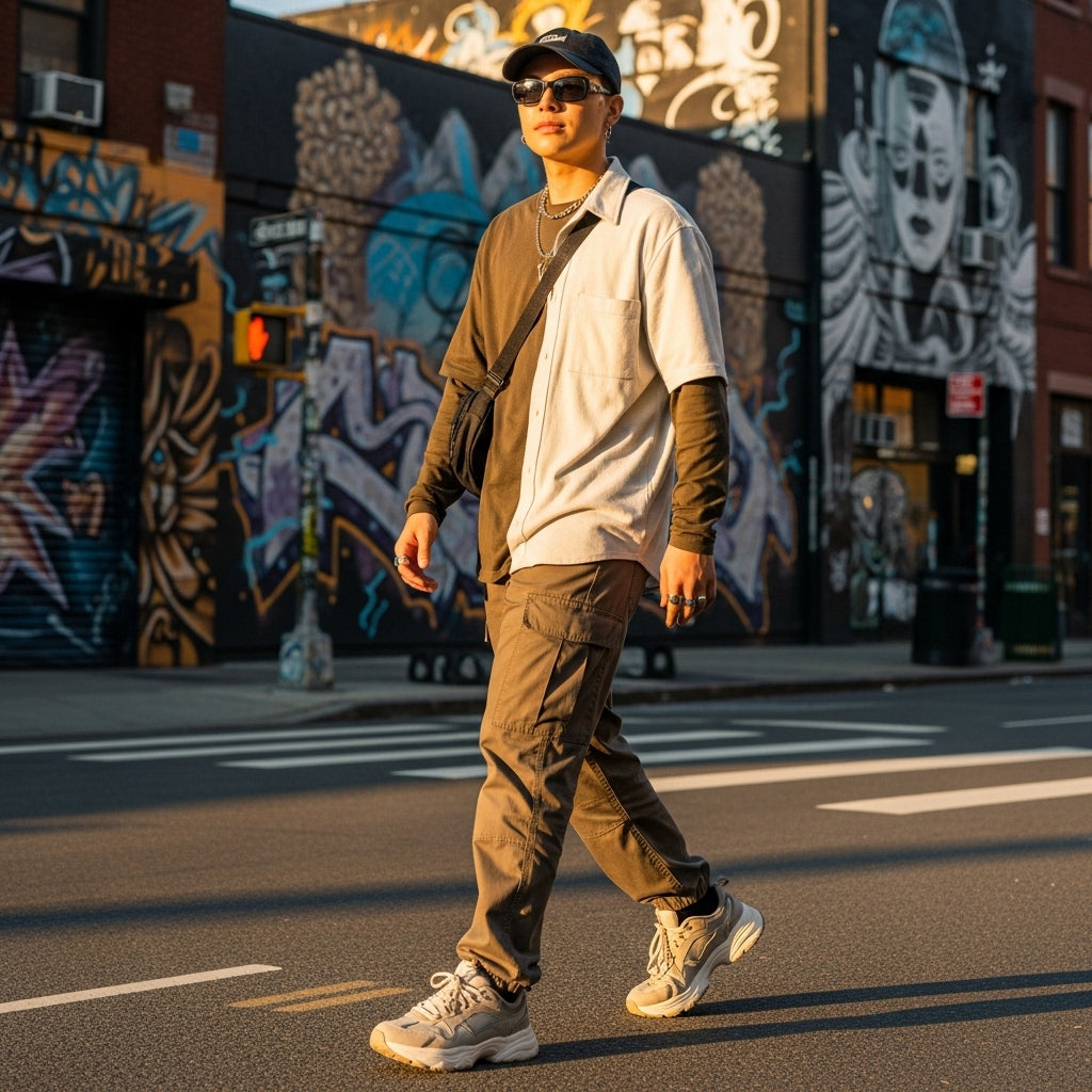 Stylish baggy shirt outfit for casual and urban looks, featuring oversized shirt, cargo pants, sneakers, and street-style accessories