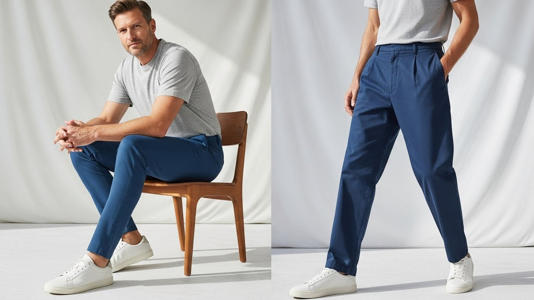 Regular fit trousers worn casually with sneakers and a plain tee