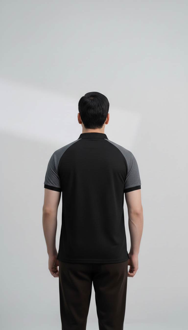 Black Polo Shirt with Grey Shoulder Panel