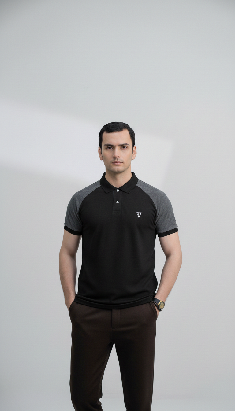 Black Polo Shirt with Grey Shoulder Panel
