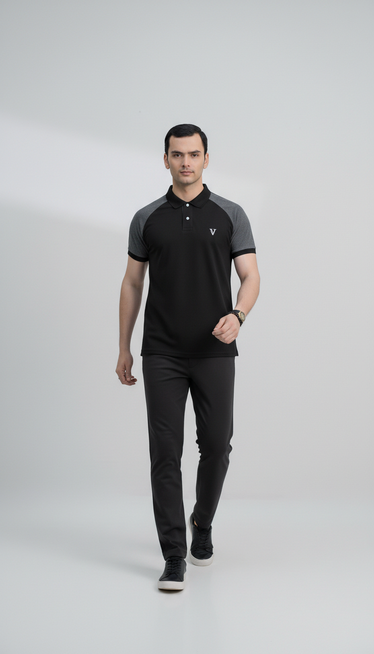 Black Polo Shirt with Grey Shoulder Panel